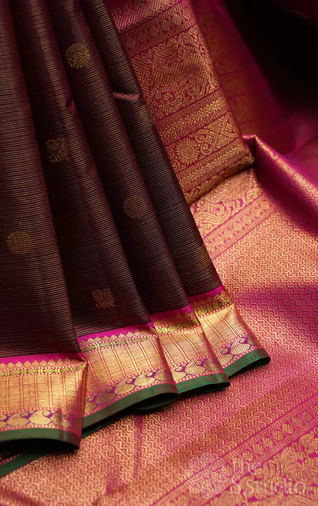 Simha colour  vaira oosi kanchipuram  silk saree with rani pink border