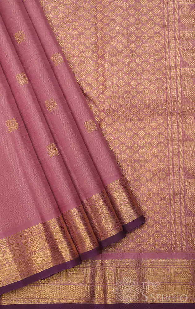 Onion pink vaira oosi kanchi silk saree with violet selvedge