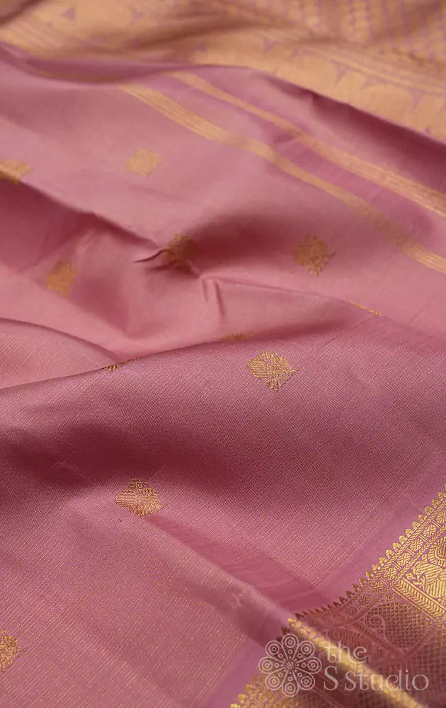 Onion pink vaira oosi kanchi silk saree with violet selvedge