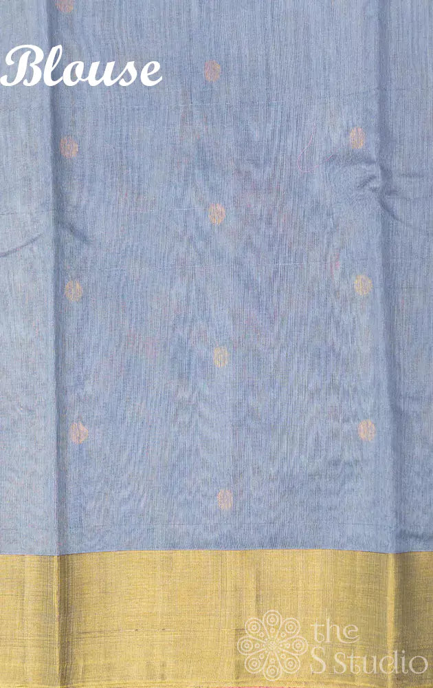 Grey chanderi silk cotton saree with checked border