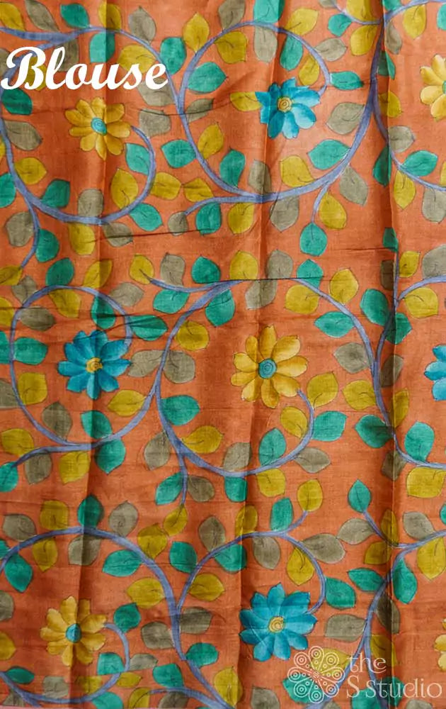 Orange chanderi tissue silk saree with kalamkari blouse