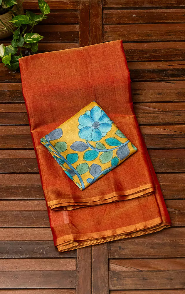 Red chanderi tissue silk saree with golden selvedge