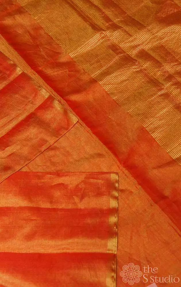 Red chanderi tissue silk saree with golden selvedge