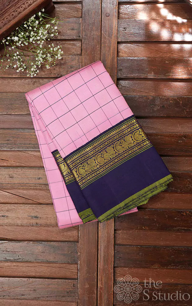 Light pink checked kanchipuram silk saree with violet border