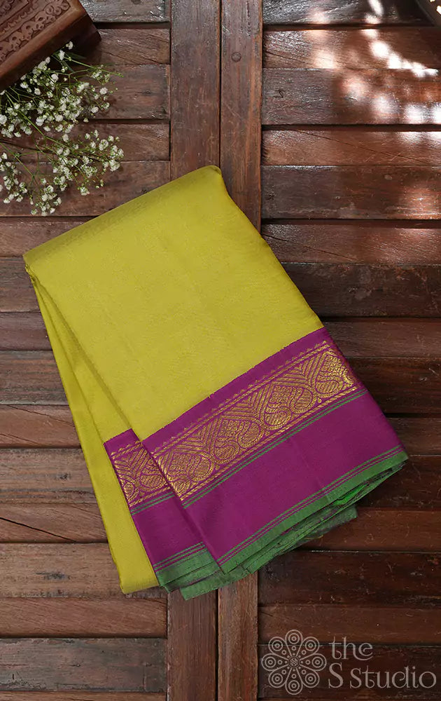 Sampanga green plan kanchi silk saree with magenta border