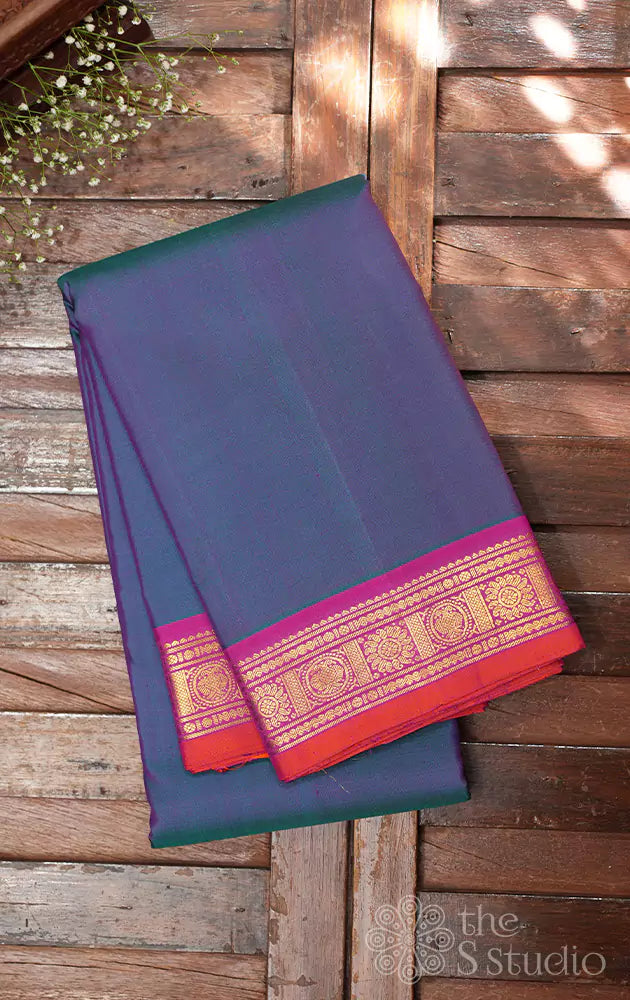 Peacock blue kanchi silk saree with small border