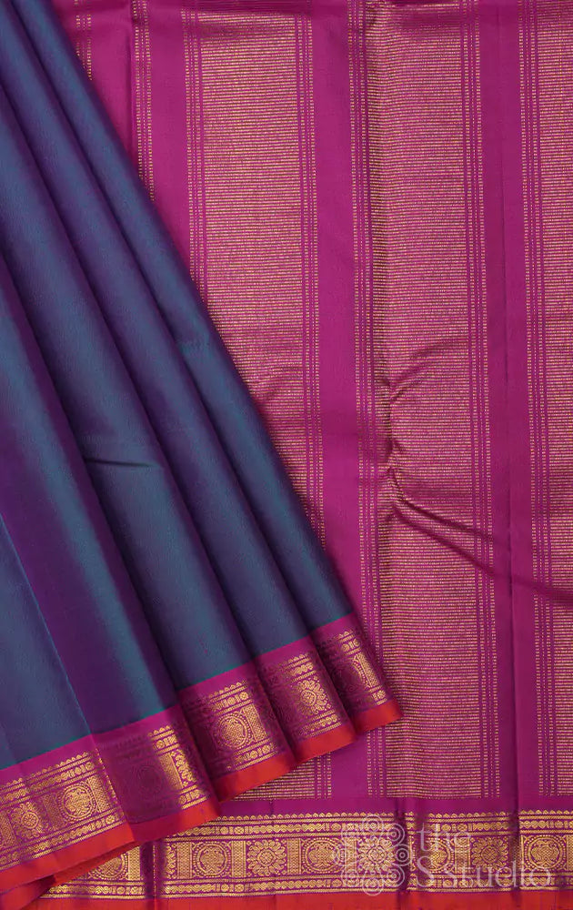 Peacock blue kanchi silk saree with small border