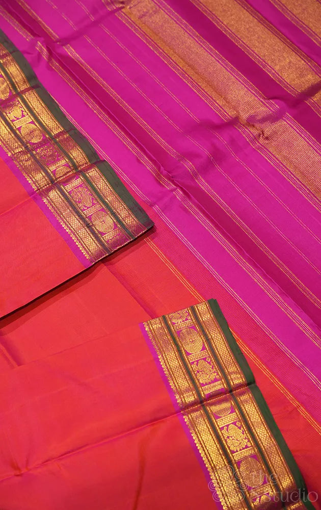 Peach plain kanchipuram silk saree with magenta and green border