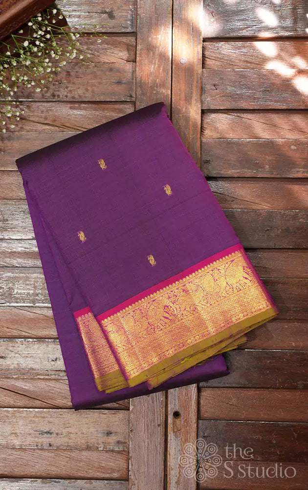 Violet kanchi silk saree with magenta border