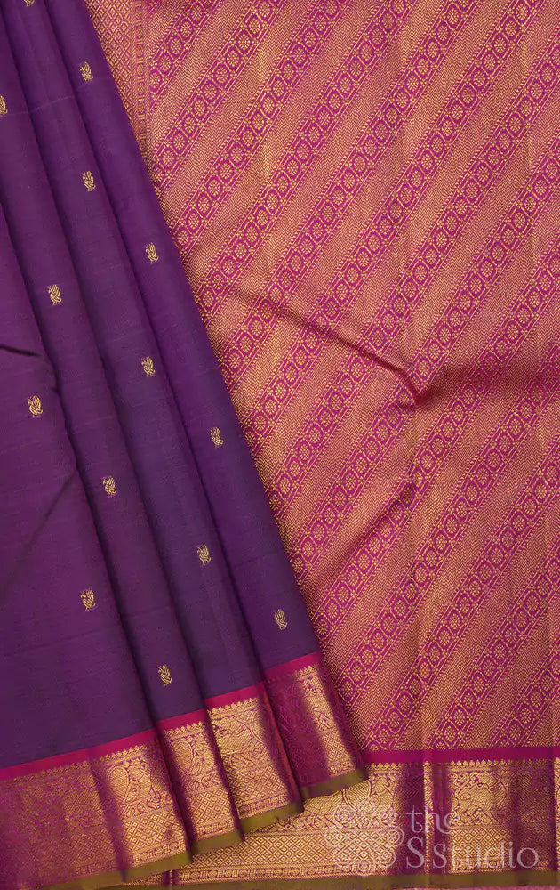 Violet kanchi silk saree with magenta border