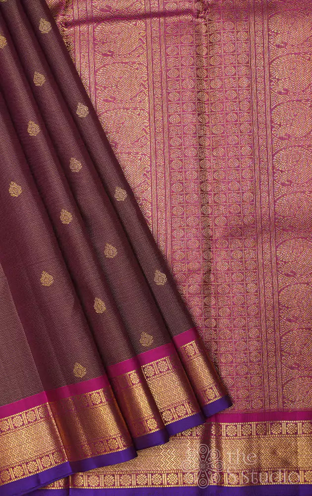 Brown vaira oosi kanchi silk saree with magenta border