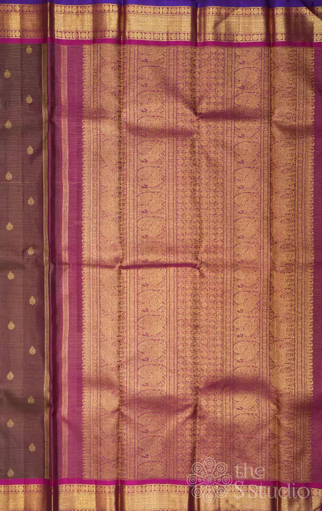 Brown vaira oosi kanchi silk saree with magenta border