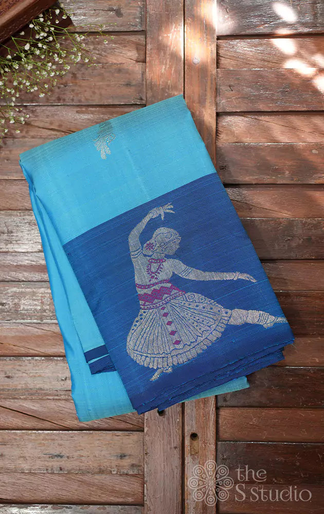 Light blue kanchi silk saree with anandha blue dancing lady border