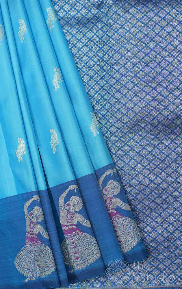 Light blue kanchi silk saree with anandha blue dancing lady border