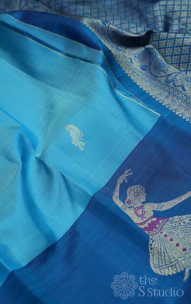 Light blue kanchi silk saree with anandha blue dancing lady border