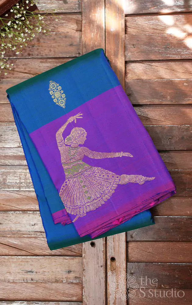 Anandha blue kanchi silk saree with purple dancing lady border