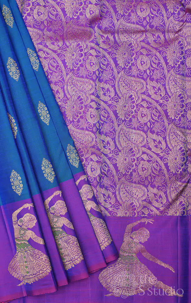 Anandha blue kanchi silk saree with purple dancing lady border