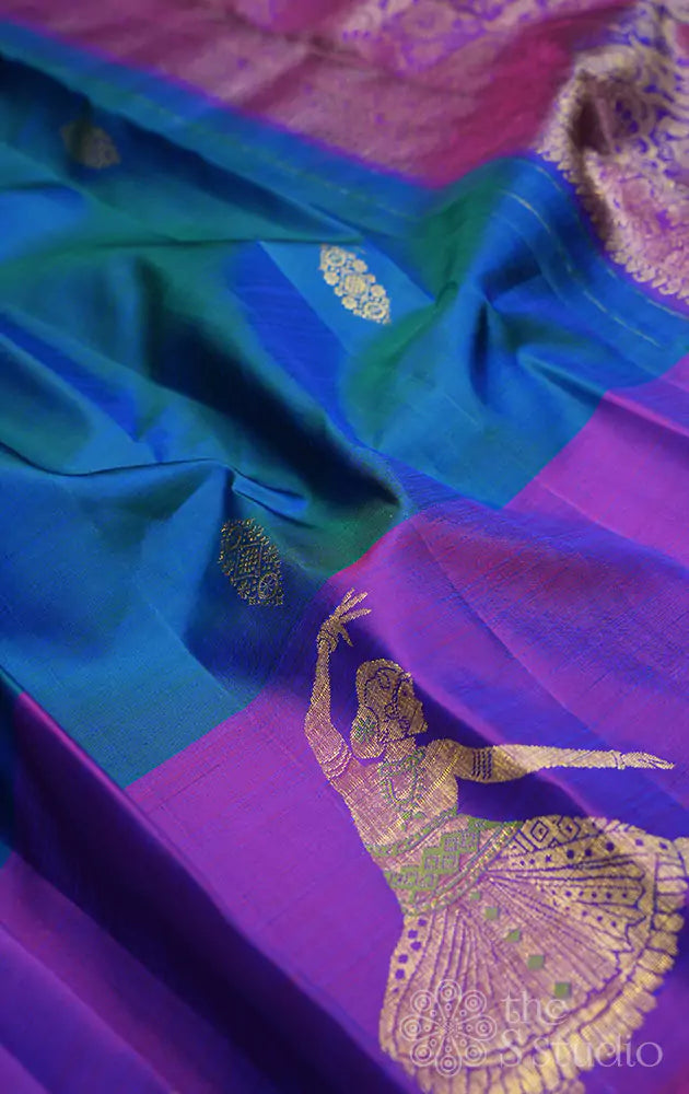 Anandha blue kanchi silk saree with purple dancing lady border