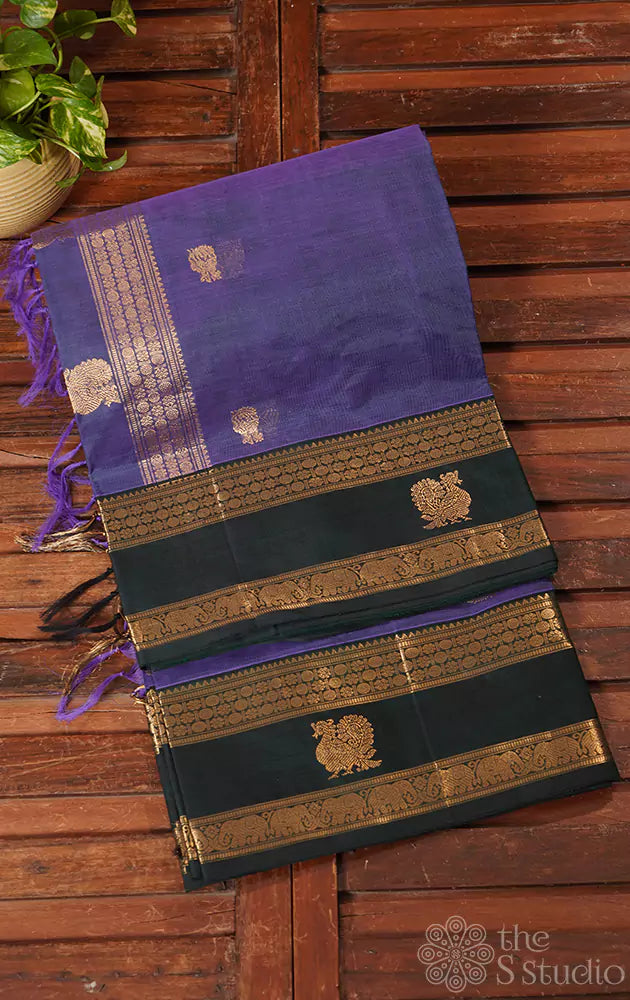 Dark lavender silkcotton saree with green rettaipet border