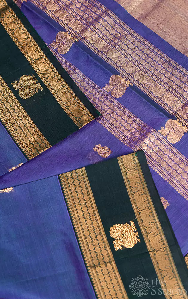 Dark lavender silkcotton saree with green rettaipet border