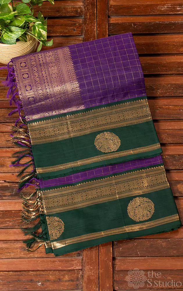 Violet checked silkcotton saree with green rettaipet border