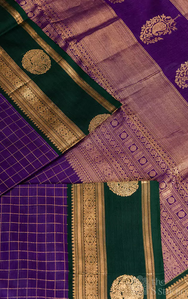 Violet checked silkcotton saree with green rettaipet border