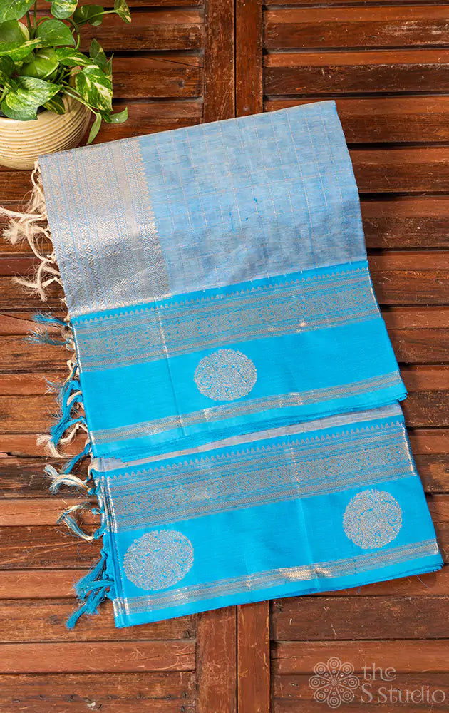 Light blue checked silkcotton saree