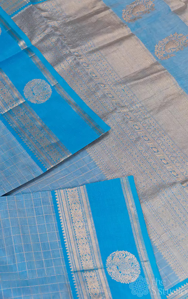 Light blue checked silkcotton saree