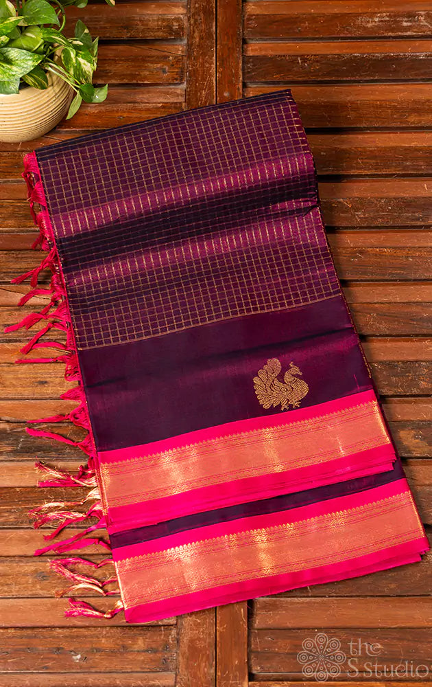 Wine zari  checked silkcotton saree with small border