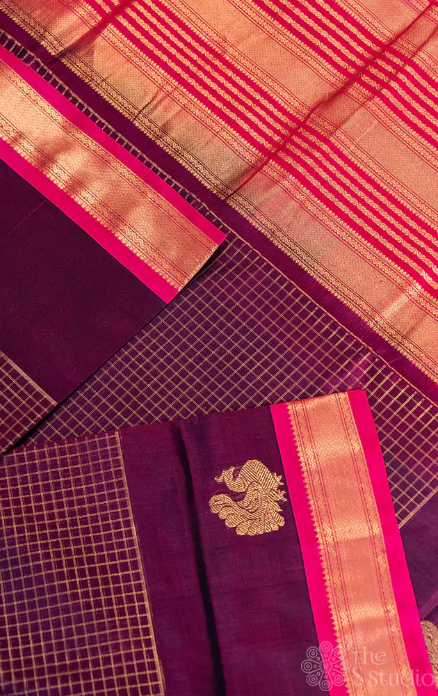 Wine zari  checked silkcotton saree with small border