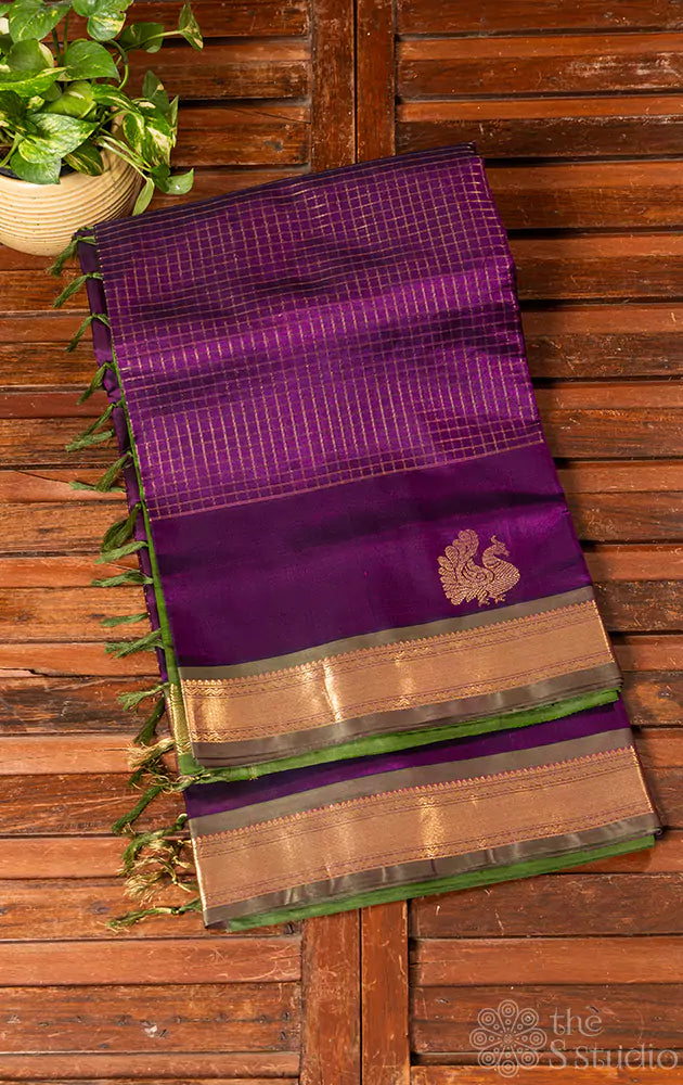 Purple checked silkcotton saree with small border