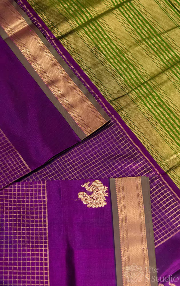 Purple checked silkcotton saree with small border