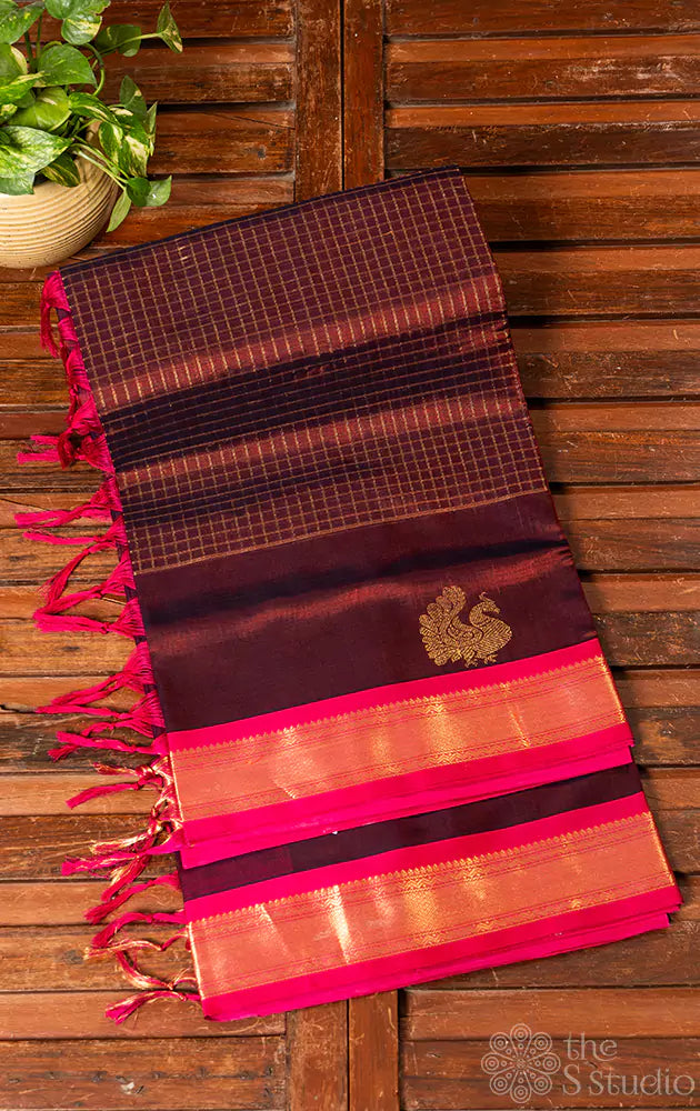 Brown checked silkcotton saree with small border