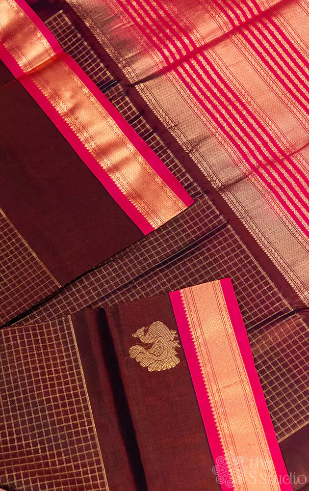 Brown checked silkcotton saree with small border