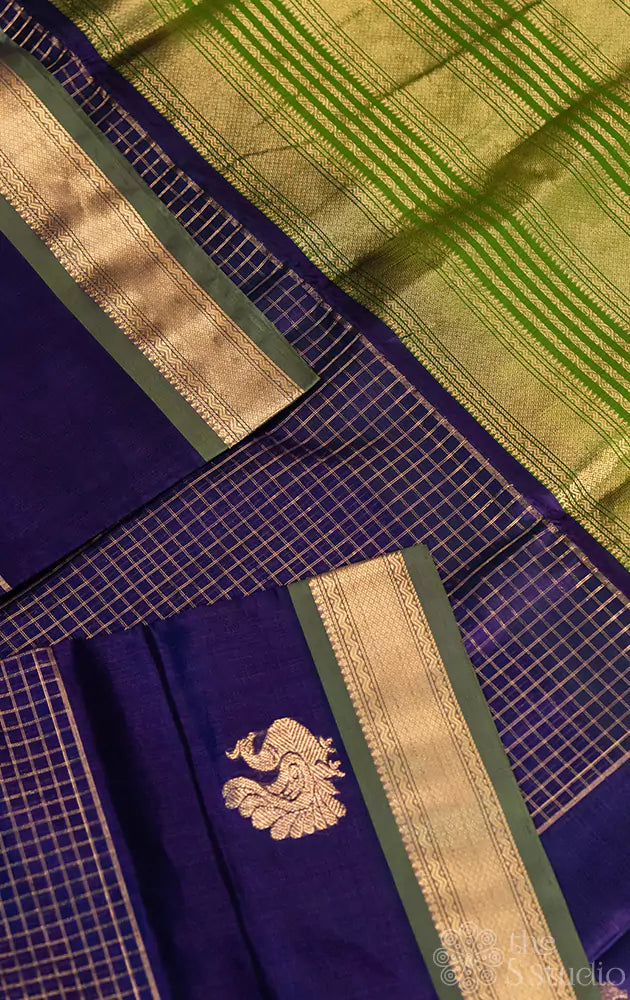 Violet zari  checked silkcotton saree with small border