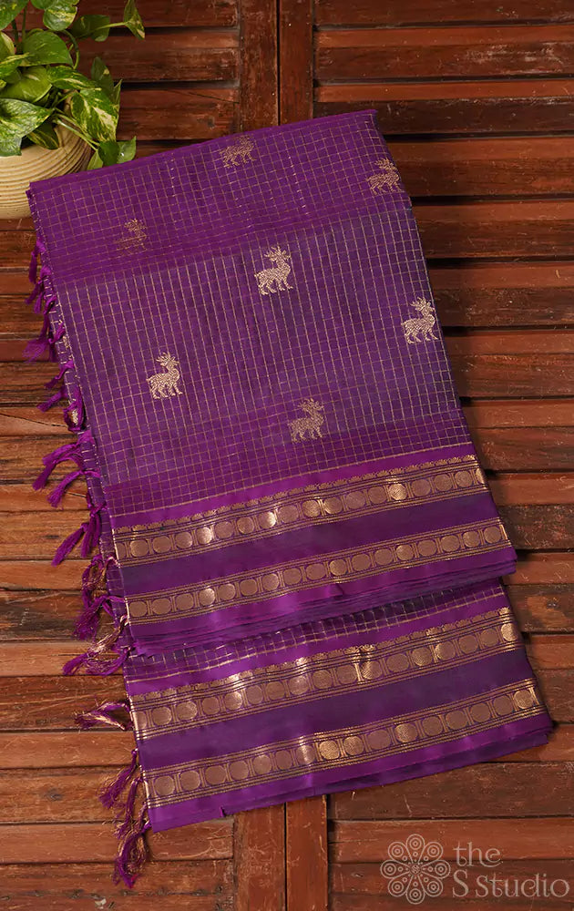 Purple checked silkcotton saree with deer butta