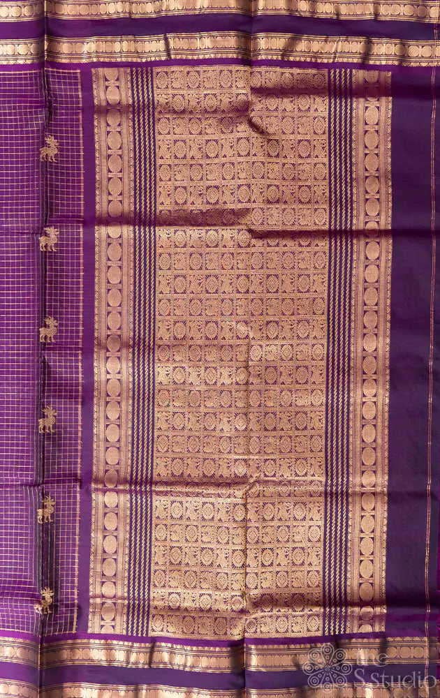 Purple checked silkcotton saree with deer butta