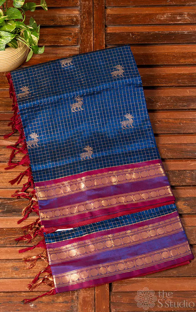 Blue checked silkcotton saree with deer butta