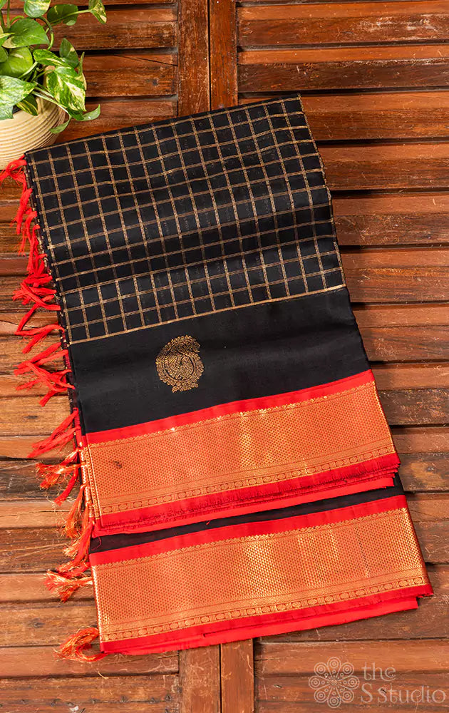 Black checked silkcotton saree with paisely motif