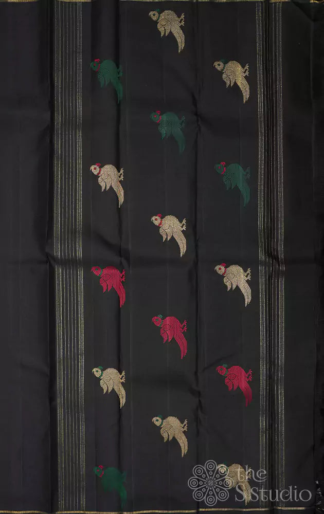 Black kanchi silk saree woven with kili motifs