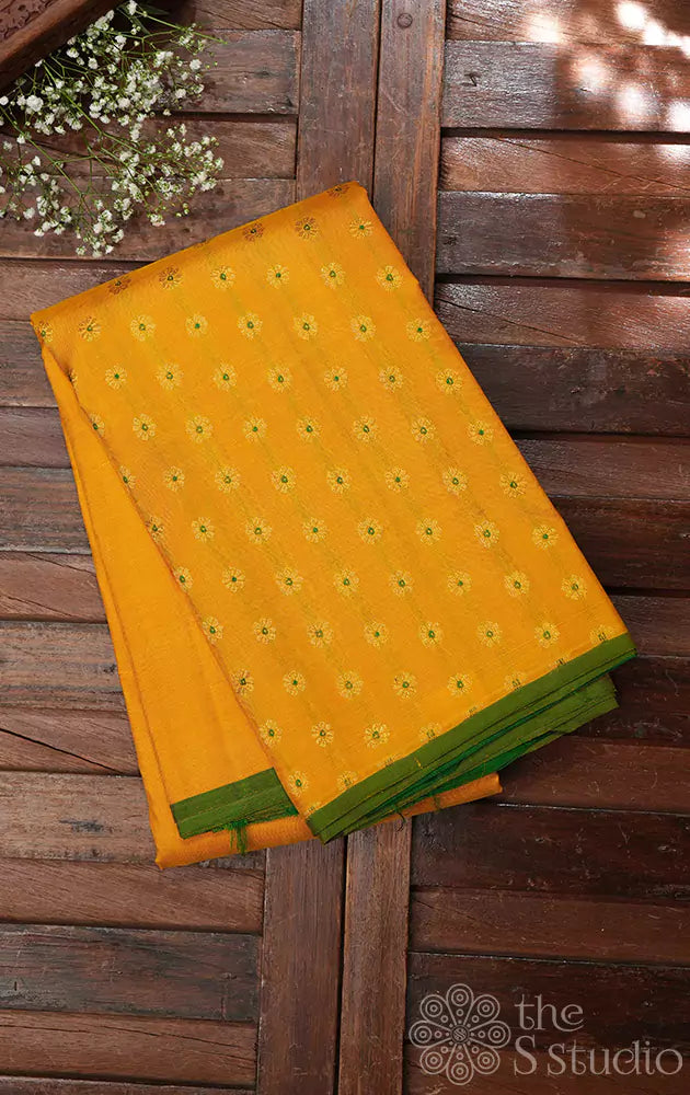 Yellow meena butta kanchipuram silk saree with green selvedge