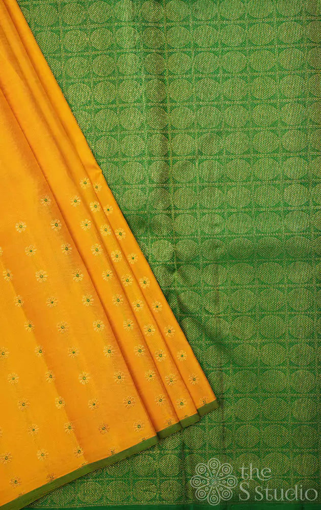 Yellow meena butta kanchipuram silk saree with green selvedge