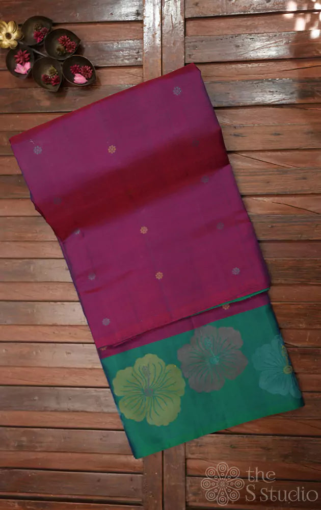 Magenta soft silk saree with hibiscus woven border