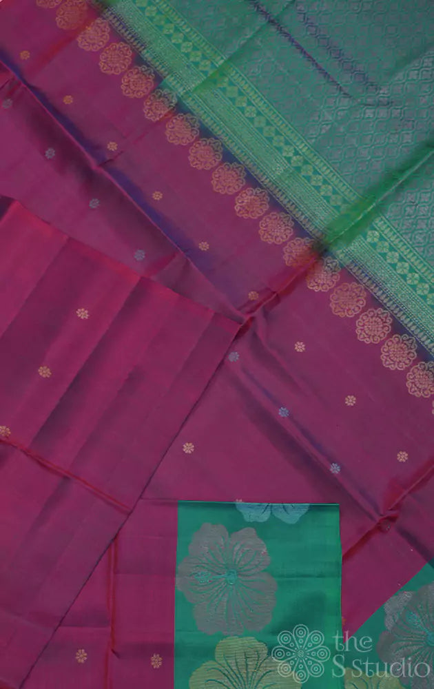 Magenta soft silk saree with hibiscus woven border