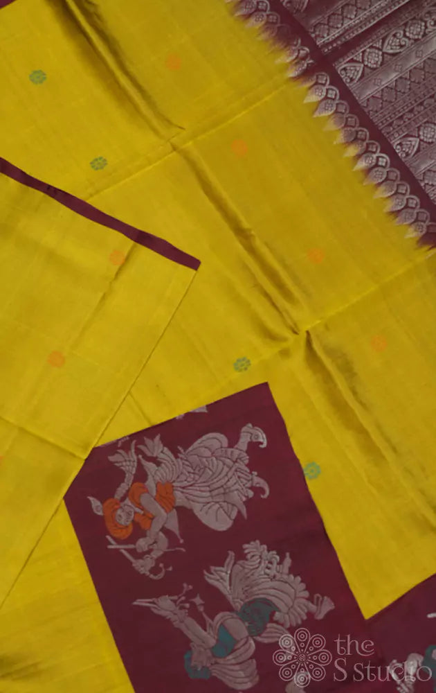 Mustard soft silk saree with dancing motifs border