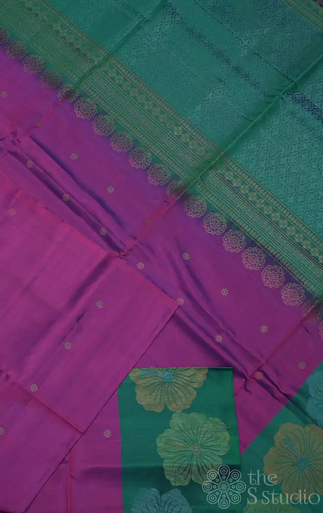 Purple soft silk saree with hibiscus motifs woven border