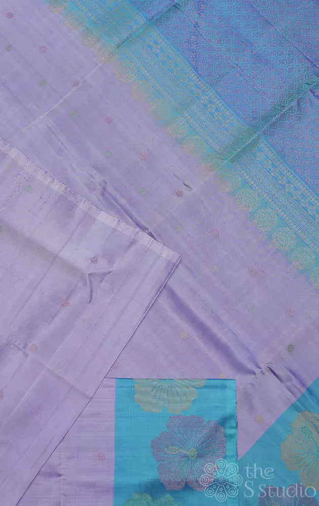 Lavender soft silk saree with light blue border