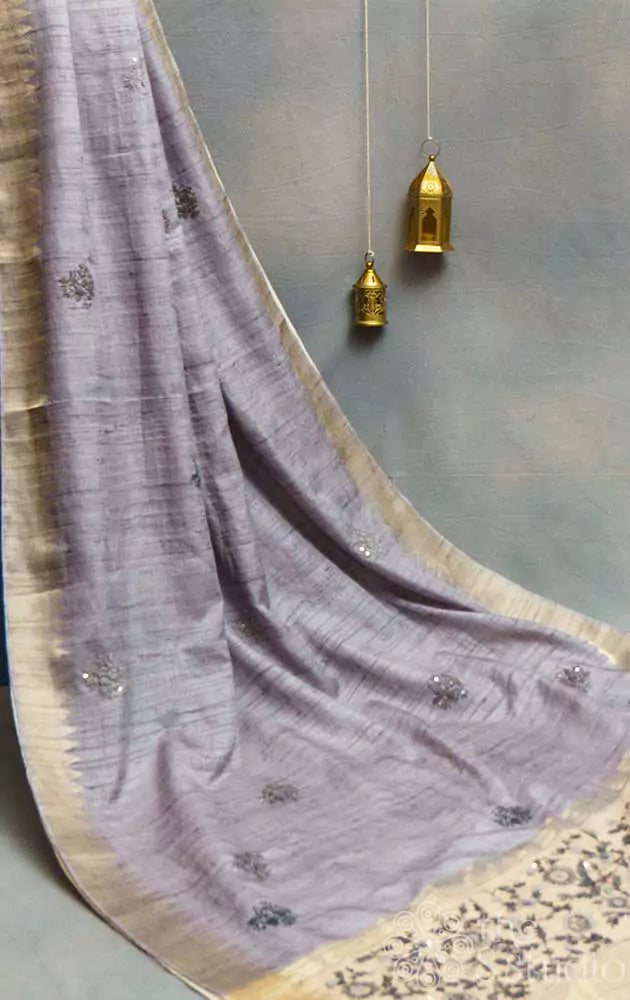 Grey semi tussar saree with hand embroidery