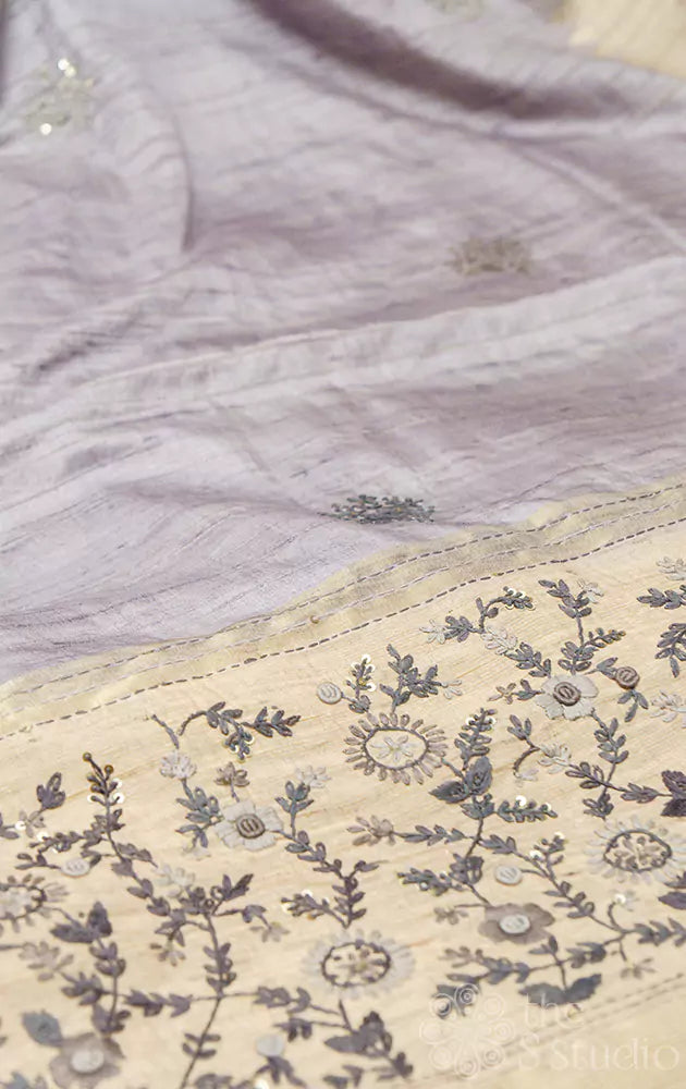 Grey semi tussar saree with hand embroidery