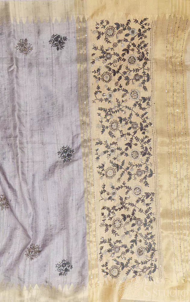 Grey semi tussar saree with hand embroidery